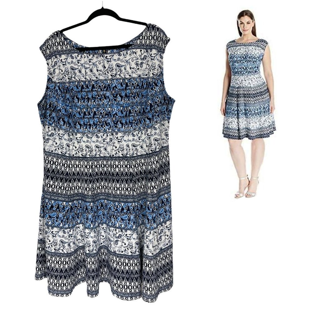 Size 16W 1X JULIAN TAYLOR BLUE PAISLEY-FLORAL MIXED PRINT DRESS Summer PLUS